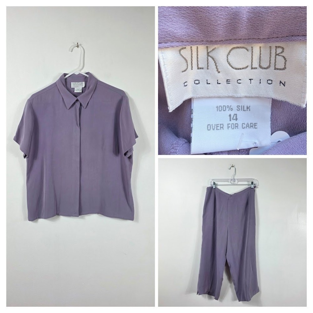 VTG Silk Club Collection 2pc Set Womens 14 Purple 100% Silk Blouse Crop  Pants